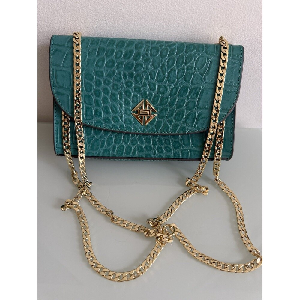 Antonio Melani Teal Croc Embossed Leather Chain Crossbody Shoulder Bag